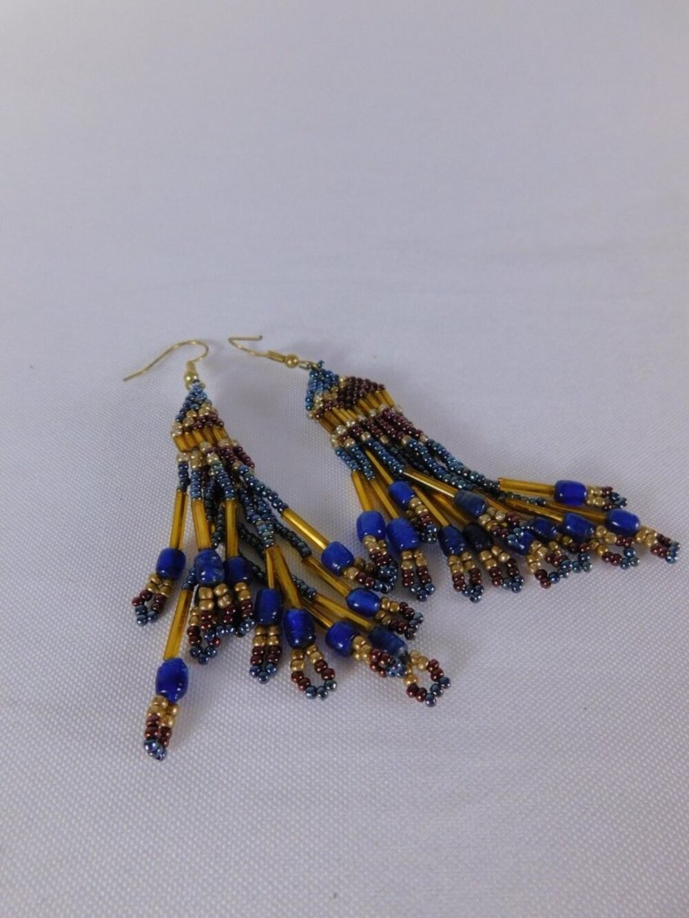 Beaded Dangle Tassel Earrings Blue Glass French Wire Womens Lobe Boho Jewelry